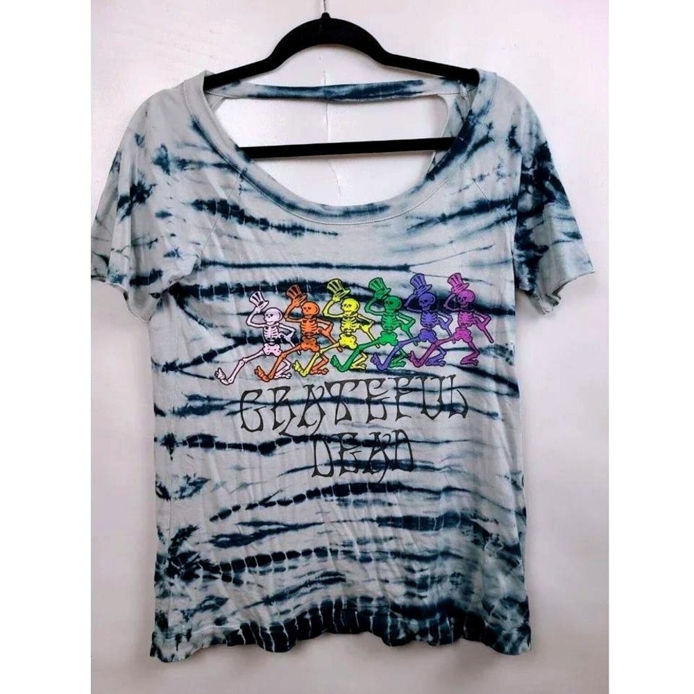 Chaser Grateful Dead Tee Women XS Blue Tie Dye Dancing Skeletons Cut Out Back